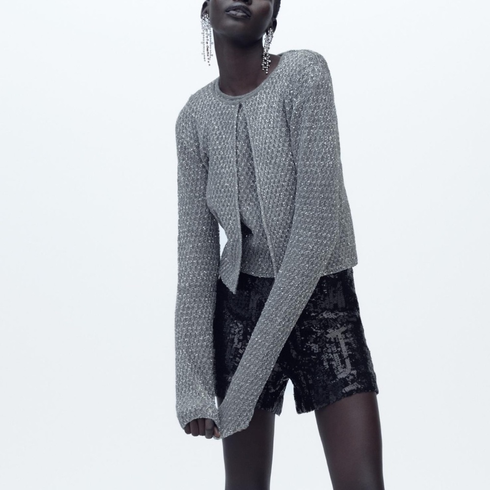 Zara set sequin knit metallic thread cardigan and top